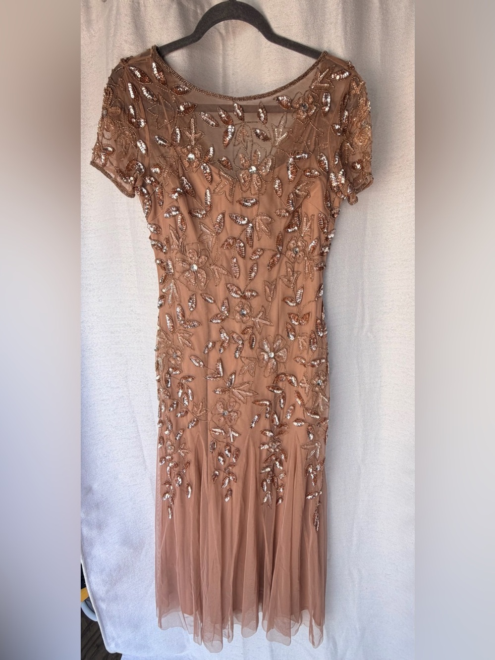 Adrianna Papell Rose Gold Beaded Floral Evening Gown